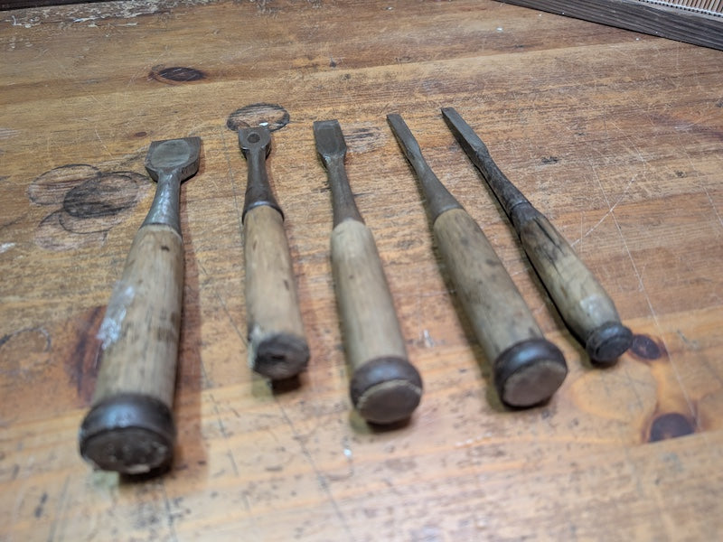 Rare 1960s Japanese Signed Steel Chisels Set Signed Woodworking Tools
