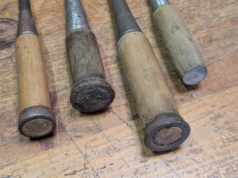Rare 1960s Japanese Steel Chisels Set of 4 Signed Woodworking Tools