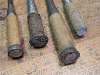 Rare 1960s Japanese Steel Chisels Set of 4 Signed Woodworking Tools