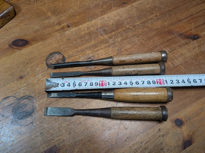 1960s Japanese Signed Wood Carving Chisels Set of 4 Steel Tools Vintage