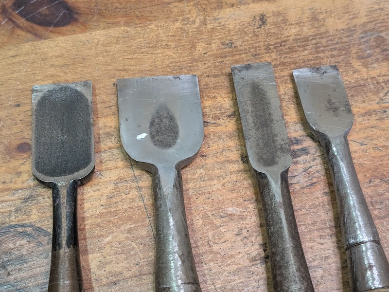 Rare 1960s Japanese Steel Chisels Set of 4 Signed Woodworking Tools