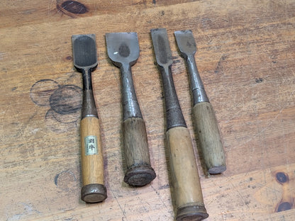 Rare 1960s Japanese Steel Chisels Set of 4 Signed Woodworking Tools