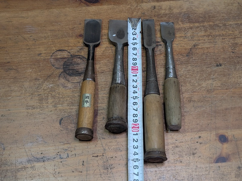 Rare 1960s Japanese Steel Chisels Set of 4 Signed Woodworking Tools