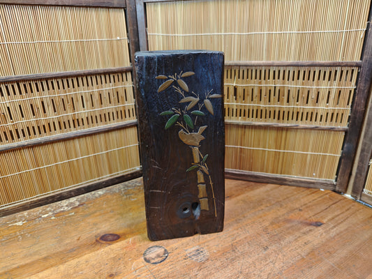 Rare Japanese Vintage Wooden Flower Vase Bamboo Bird Gold Decor