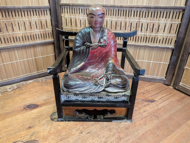 Extremely Rare Meiji Era Japanese Wooden Monk Statue 1800s Hand Carved Antique