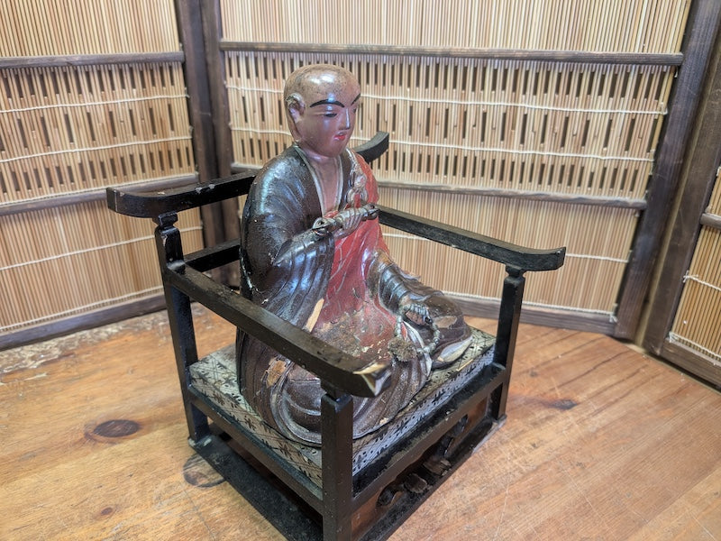 Extremely Rare Meiji Era Japanese Wooden Monk Statue 1800s Hand Carved Antique