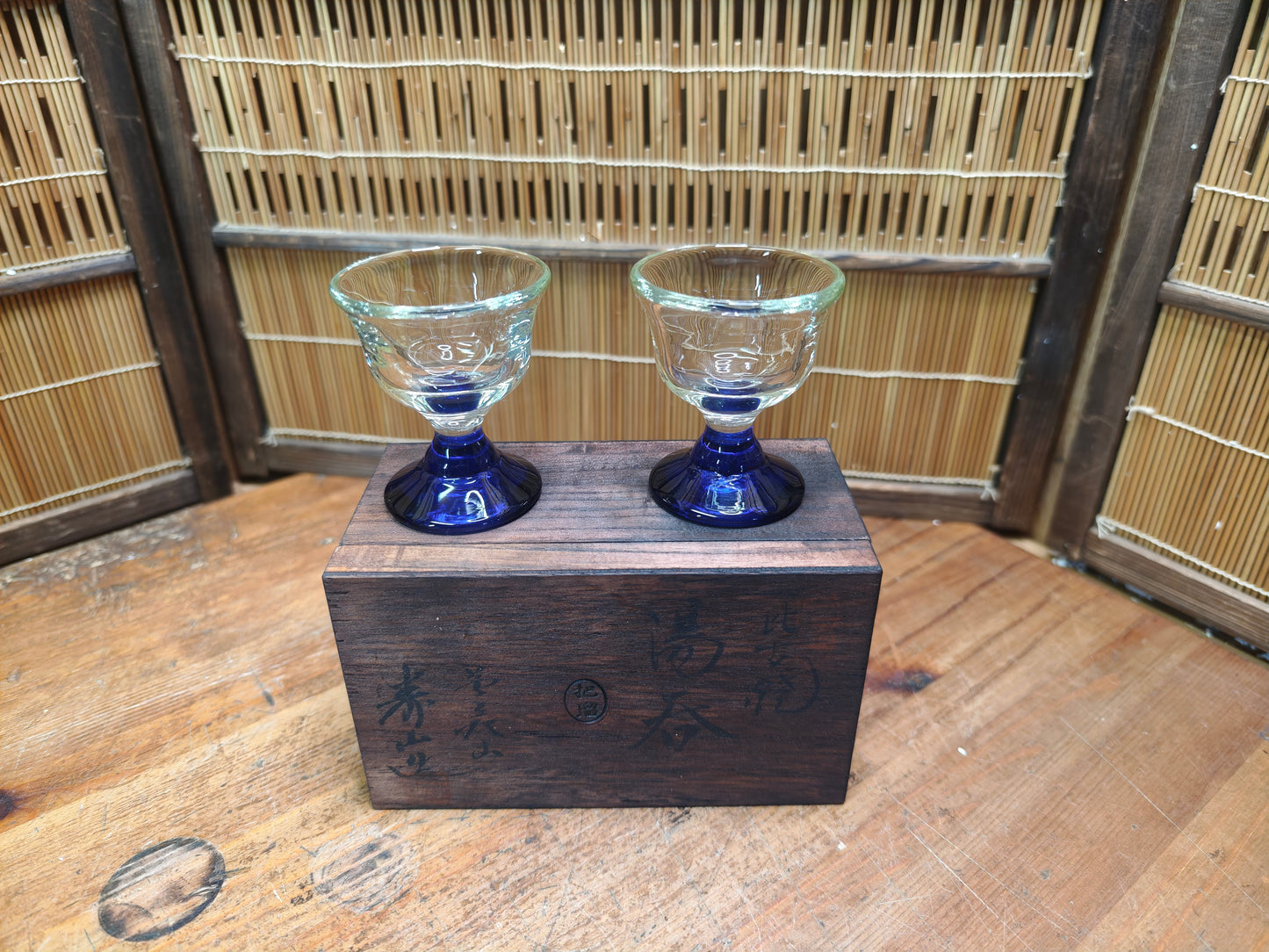 Japanese Taisho Era Handmade Blue Stem Glass Sake Cups Pair w/Wood Box