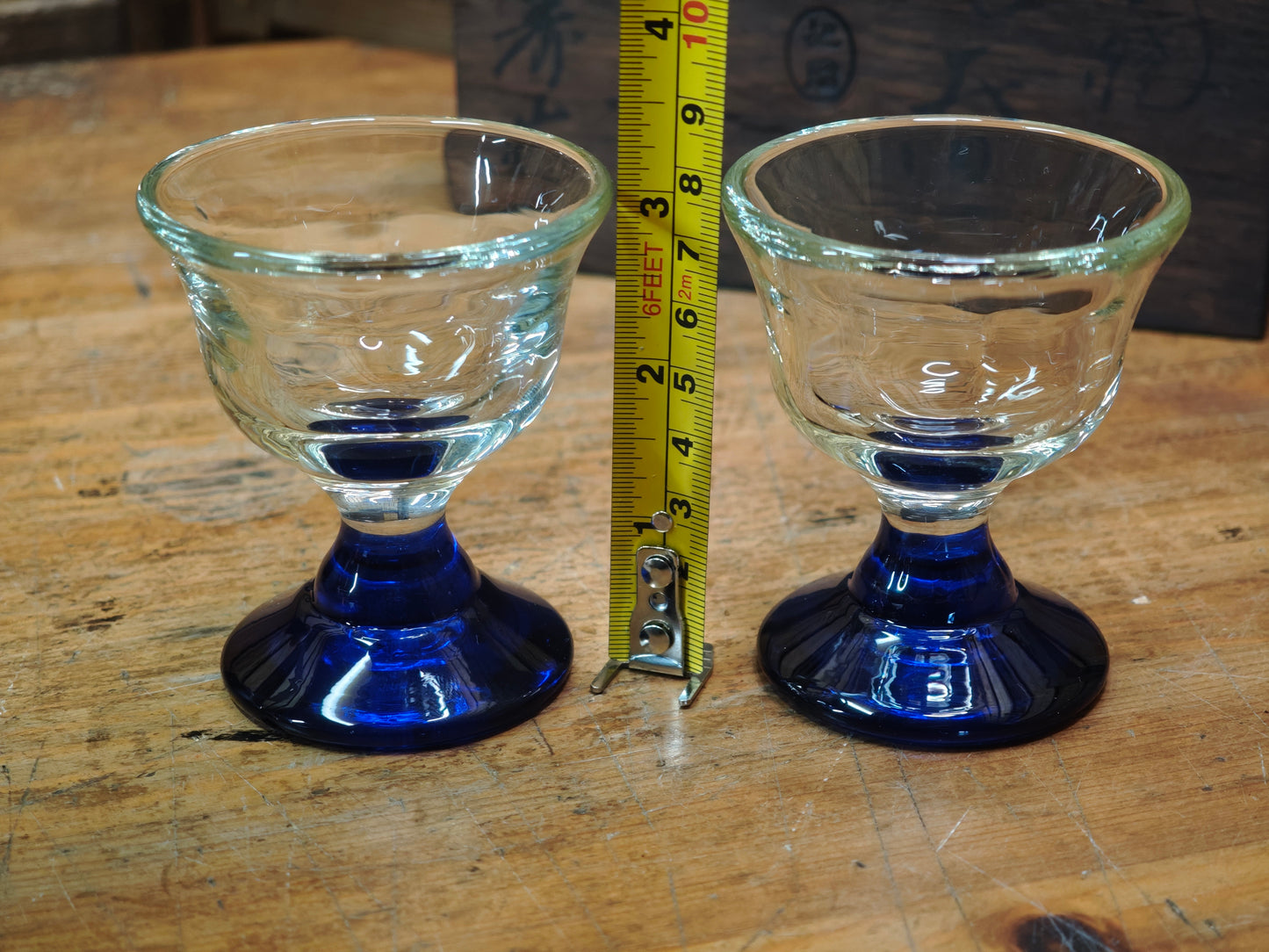 Japanese Taisho Era Handmade Blue Stem Glass Sake Cups Pair w/Wood Box