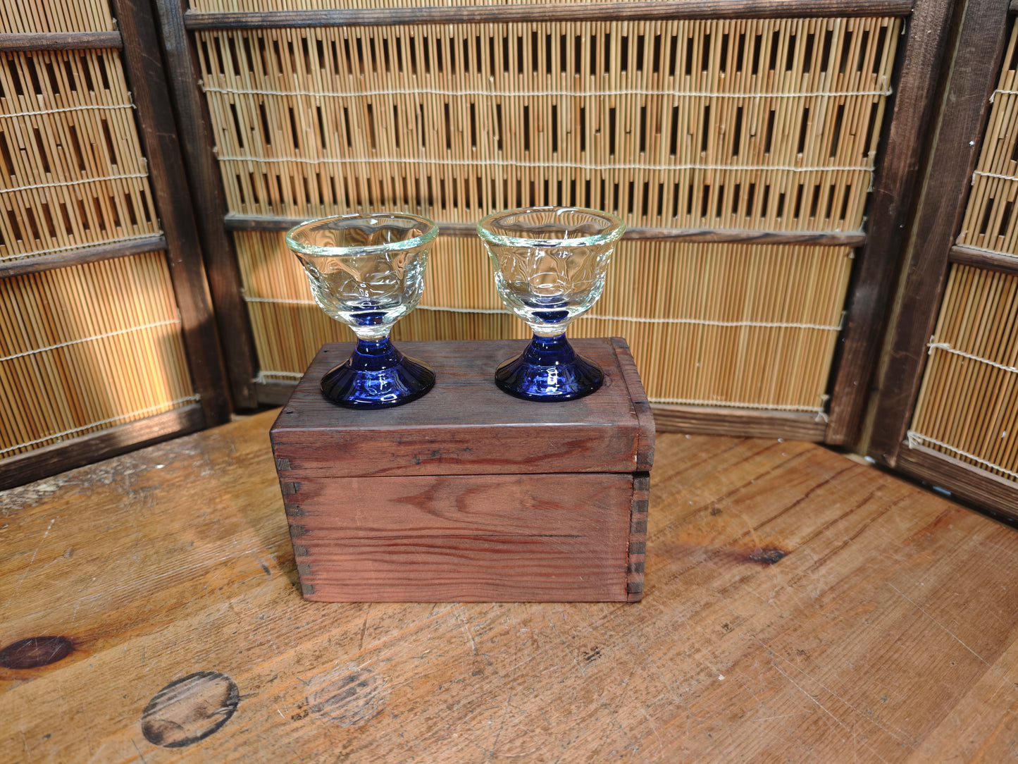 Rare Taisho Era Japanese Glass Sake Cups Set Cobalt Blue Stem