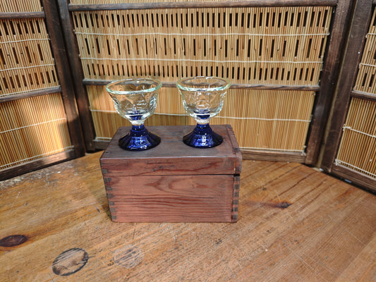 Rare Taisho Era Japanese Glass Sake Cups Set Cobalt Blue Stem