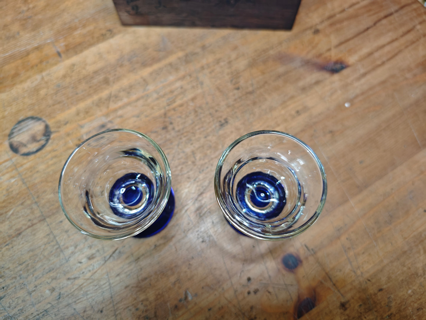 Japanese Taisho Era Handmade Blue Stem Glass Sake Cups Pair w/Wood Box