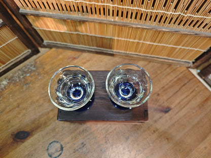Rare Taisho Era Japanese Glass Sake Cups Set Cobalt Blue Stem