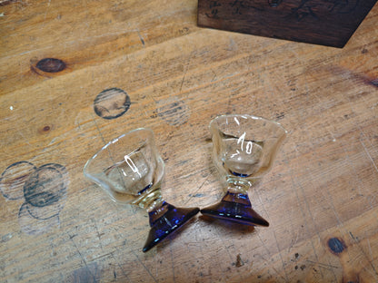 Japanese Taisho Era Handmade Blue Stem Glass Sake Cups Pair w/Wood Box