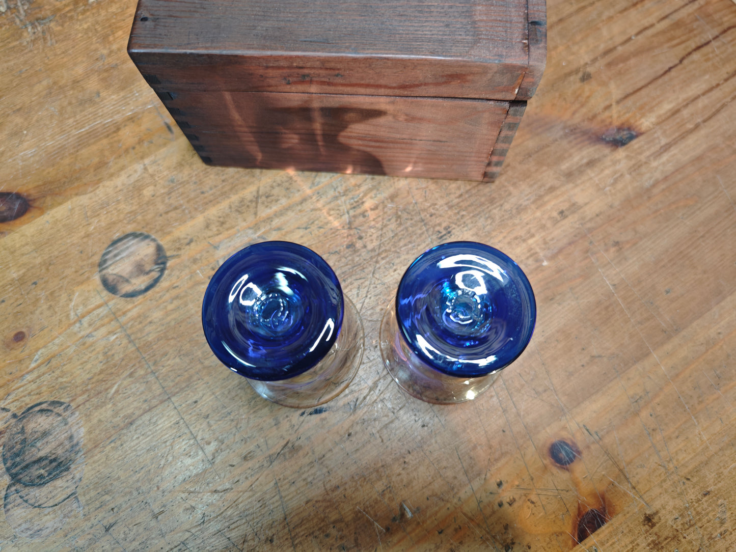 Rare Taisho Era Japanese Glass Sake Cups Set Cobalt Blue Stem