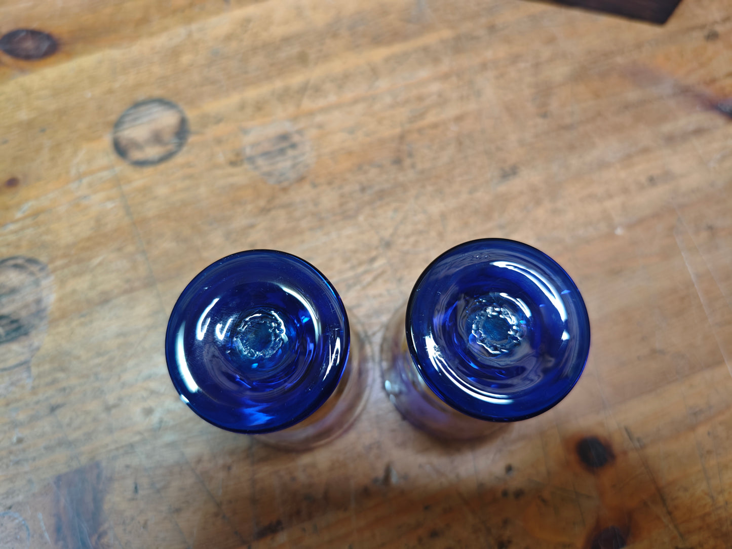 Japanese Taisho Era Handmade Blue Stem Glass Sake Cups Pair w/Wood Box
