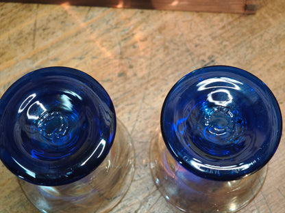 Rare Taisho Era Japanese Glass Sake Cups Set Cobalt Blue Stem