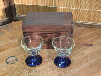 Rare Taisho Era Japanese Glass Sake Cups Set Cobalt Blue Stem