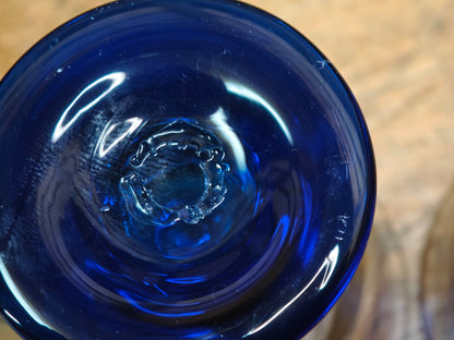 Japanese Taisho Era Handmade Blue Stem Glass Sake Cups Pair w/Wood Box