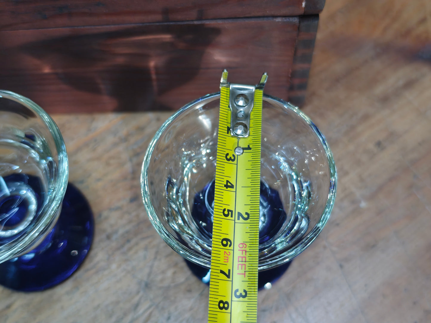 Rare Taisho Era Japanese Glass Sake Cups Set Cobalt Blue Stem