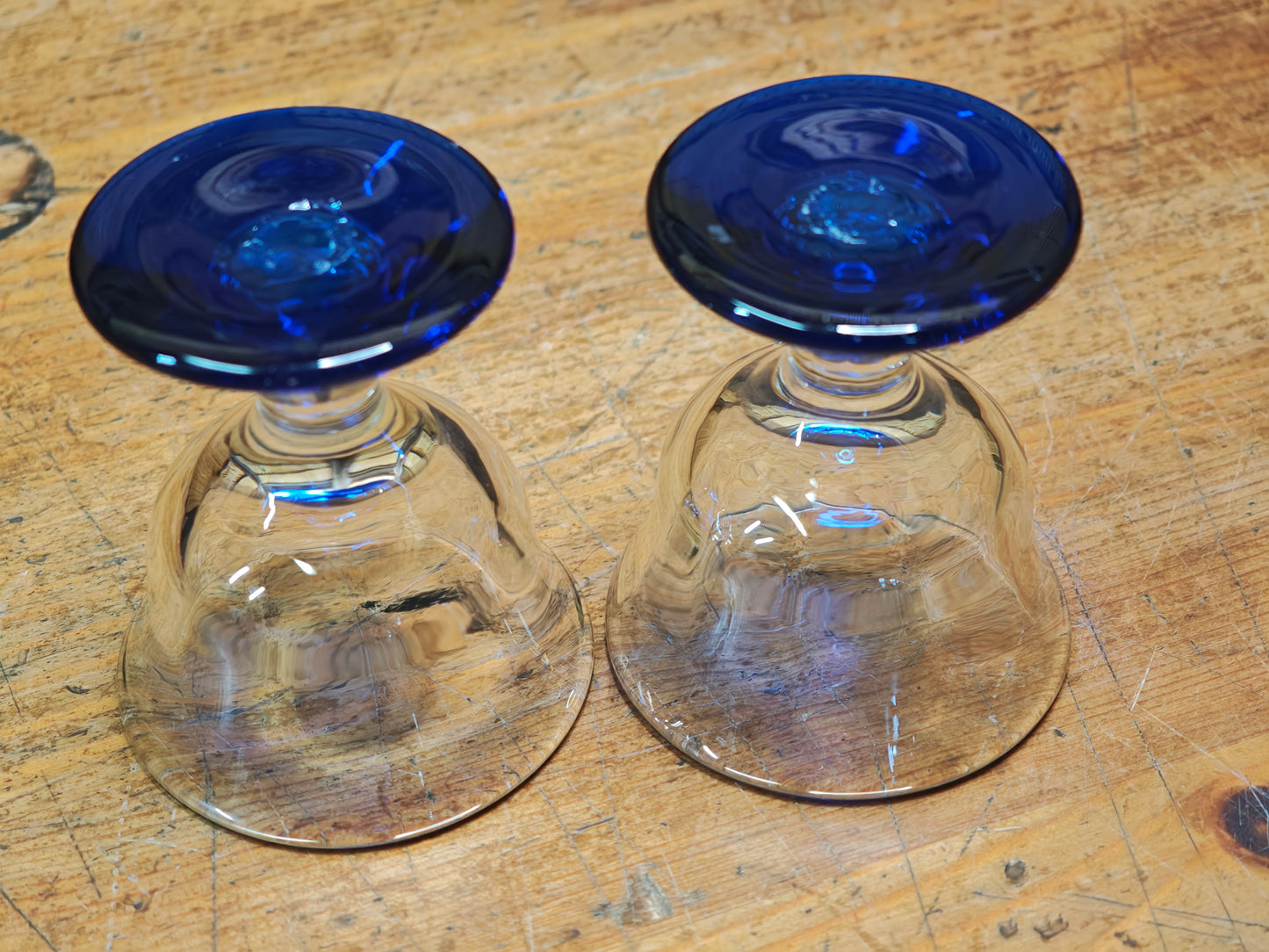 Japanese Taisho Era Handmade Blue Stem Glass Sake Cups Pair w/Wood Box