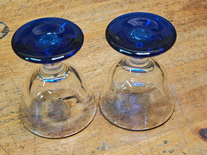 Japanese Taisho Era Handmade Blue Stem Glass Sake Cups Pair w/Wood Box