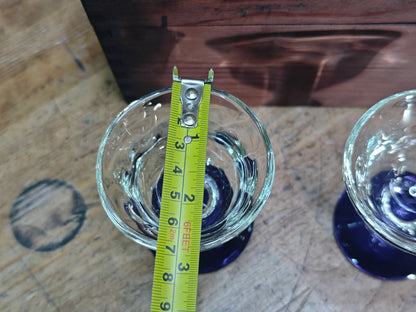 Rare Taisho Era Japanese Glass Sake Cups Set Cobalt Blue Stem