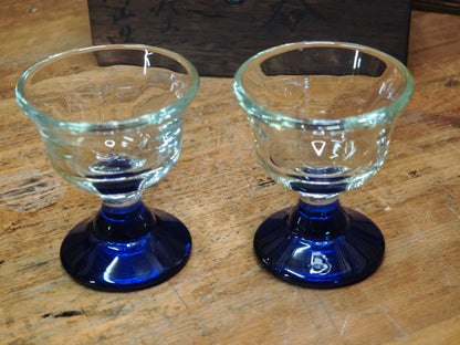 Japanese Taisho Era Handmade Blue Stem Glass Sake Cups Pair w/Wood Box