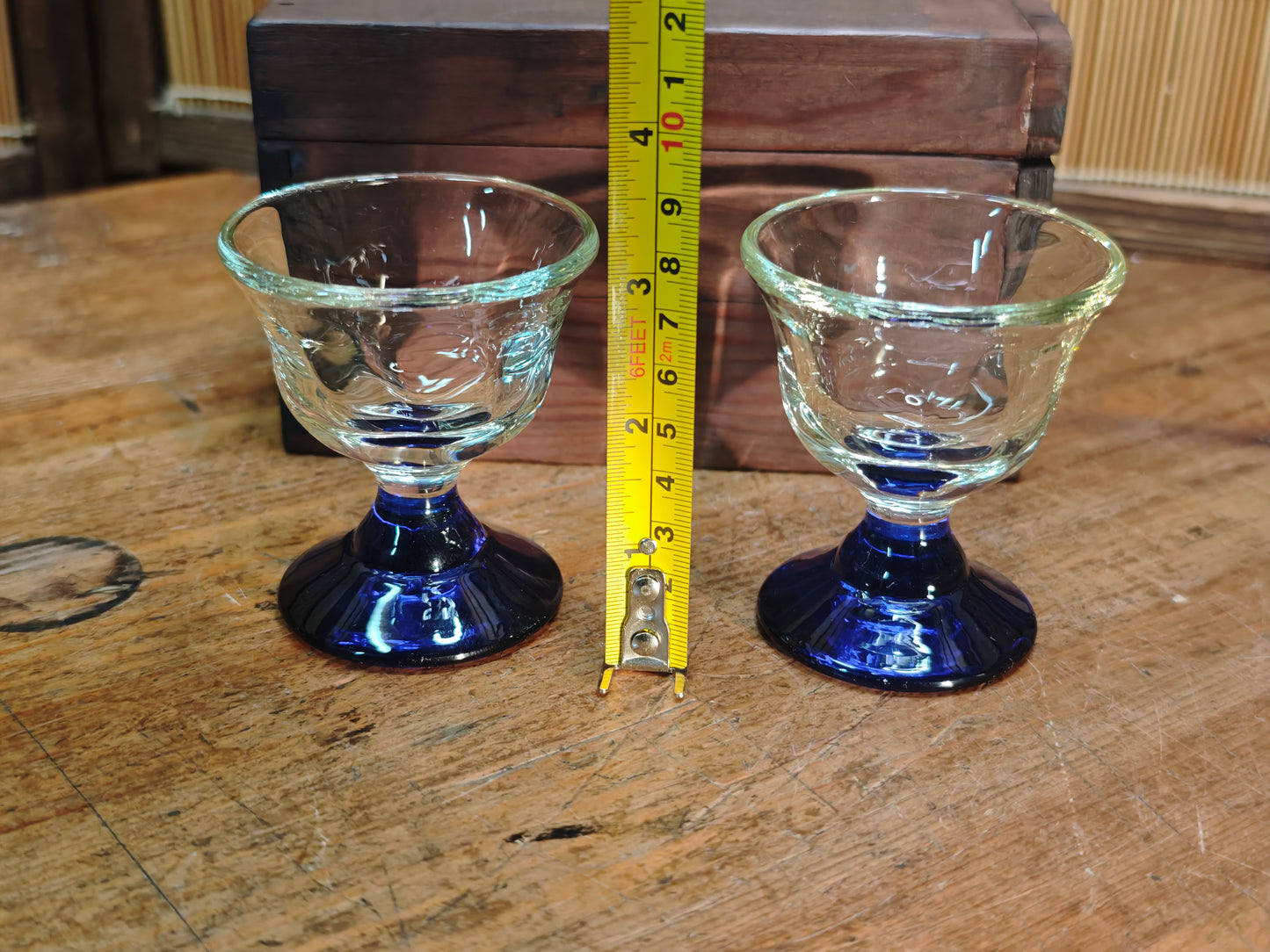 Rare Taisho Era Japanese Glass Sake Cups Set Cobalt Blue Stem