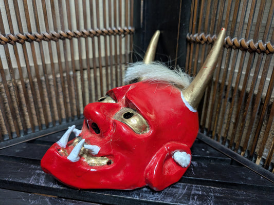 Vintage Japanese Oni Mask 1990 Hand Carved Wood Signed Folk Art Rare Decor