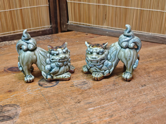 Traditional Okinawan Shisa Lion Pair 1970s Ceramic Pottery Protection Symbol