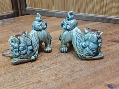 Traditional Okinawan Shisa Lion Pair 1970s Ceramic Pottery Protection Symbol