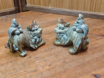 Traditional Okinawan Shisa Lion Pair 1970s Ceramic Pottery Protection Symbol