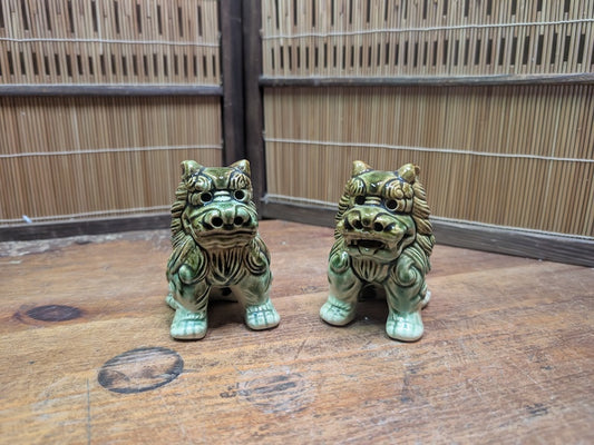 Vintage Okinawan Shisa Lion Pair Ceramic Guardians Japan Folk Art Decor