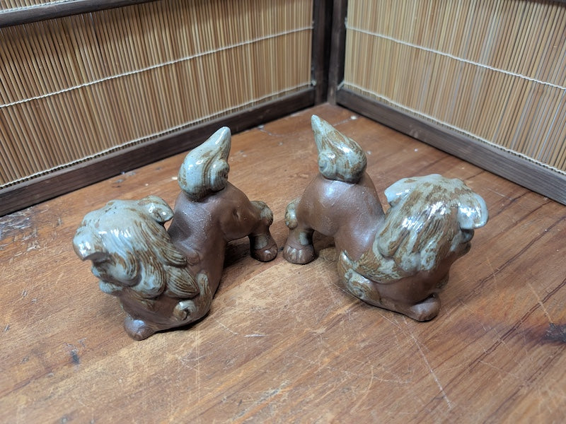 Vintage Okinawan Shisa Lion Pair Hand Painted Ceramic Statues Japan Rare