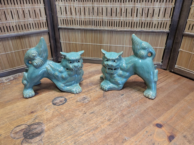 Vintage Okinawan Shisa Lion Pair Japanese Ceramic Guardian Statues