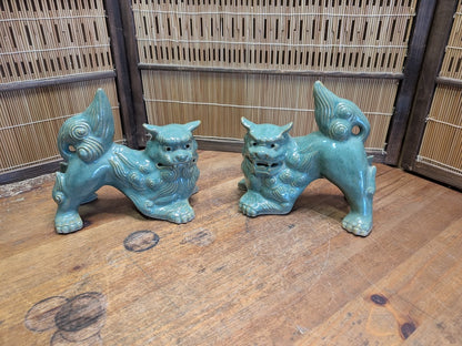 Vintage Okinawan Shisa Lion Pair Japanese Ceramic Guardian Statues