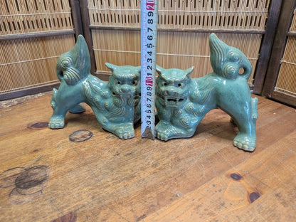 Vintage Okinawan Shisa Lion Pair Japanese Ceramic Guardian Statues