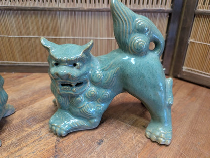 Vintage Okinawan Shisa Lion Pair Japanese Ceramic Guardian Statues