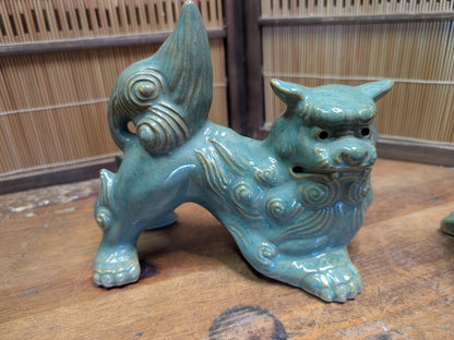 Vintage Okinawan Shisa Lion Pair Japanese Ceramic Guardian Statues