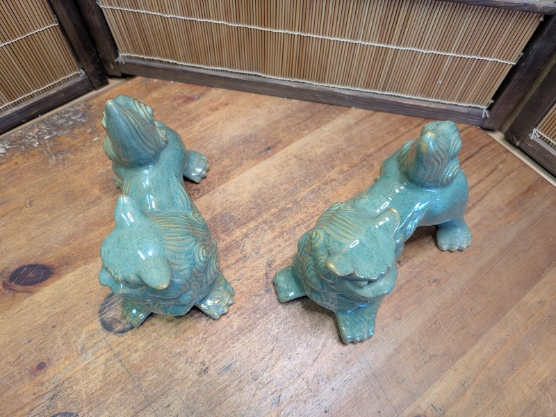 Vintage Okinawan Shisa Lion Pair Japanese Ceramic Guardian Statues