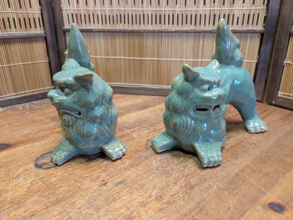 Vintage Okinawan Shisa Lion Pair Japanese Ceramic Guardian Statues