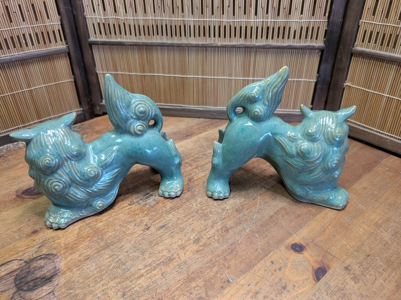Vintage Okinawan Shisa Lion Pair Japanese Ceramic Guardian Statues