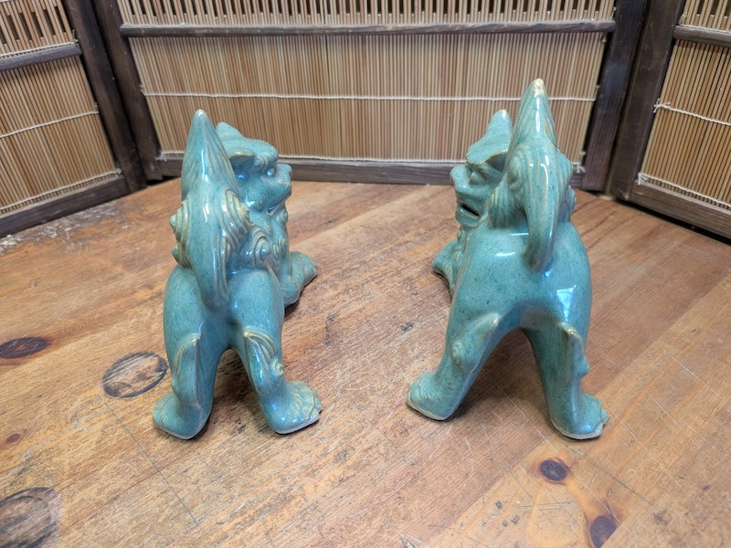 Vintage Okinawan Shisa Lion Pair Japanese Ceramic Guardian Statues