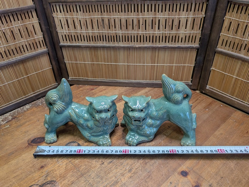 Vintage Okinawan Shisa Lion Pair Japanese Ceramic Guardian Statues