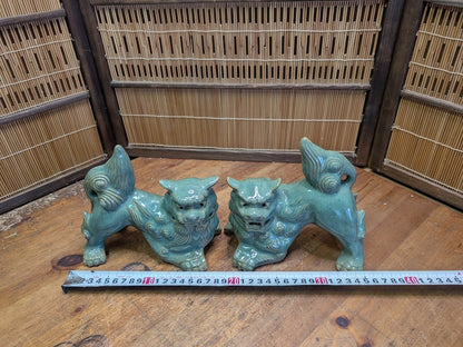 Vintage Okinawan Shisa Lion Pair Japanese Ceramic Guardian Statues