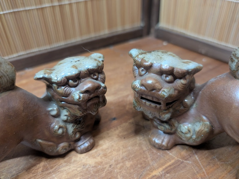 Vintage Okinawan Shisa Lion Pair Hand Painted Ceramic Statues Japan Rare