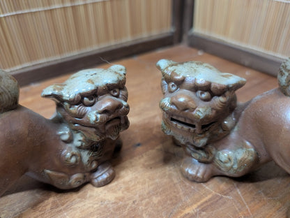 Vintage Okinawan Shisa Lion Pair Hand Painted Ceramic Statues Japan Rare