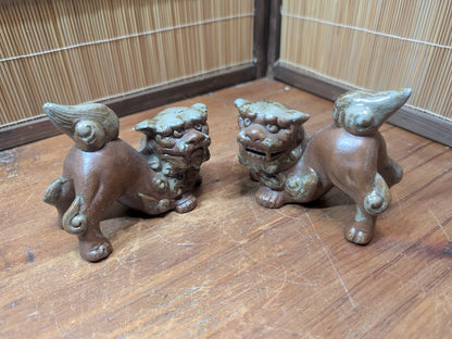 Vintage Okinawan Shisa Lion Pair Hand Painted Ceramic Statues Japan Rare