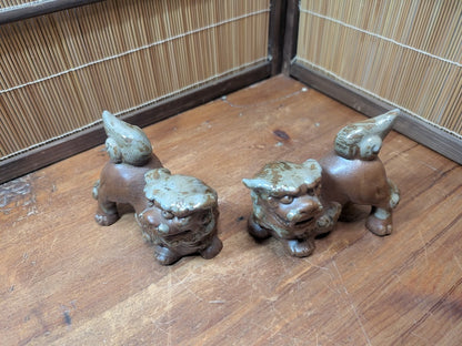 Vintage Okinawan Shisa Lion Pair Hand Painted Ceramic Statues Japan Rare
