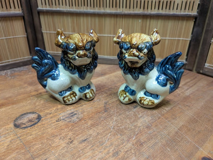 Vintage Okinawan Shisa Pair Japanese Guardian Lion Statues Ceramic